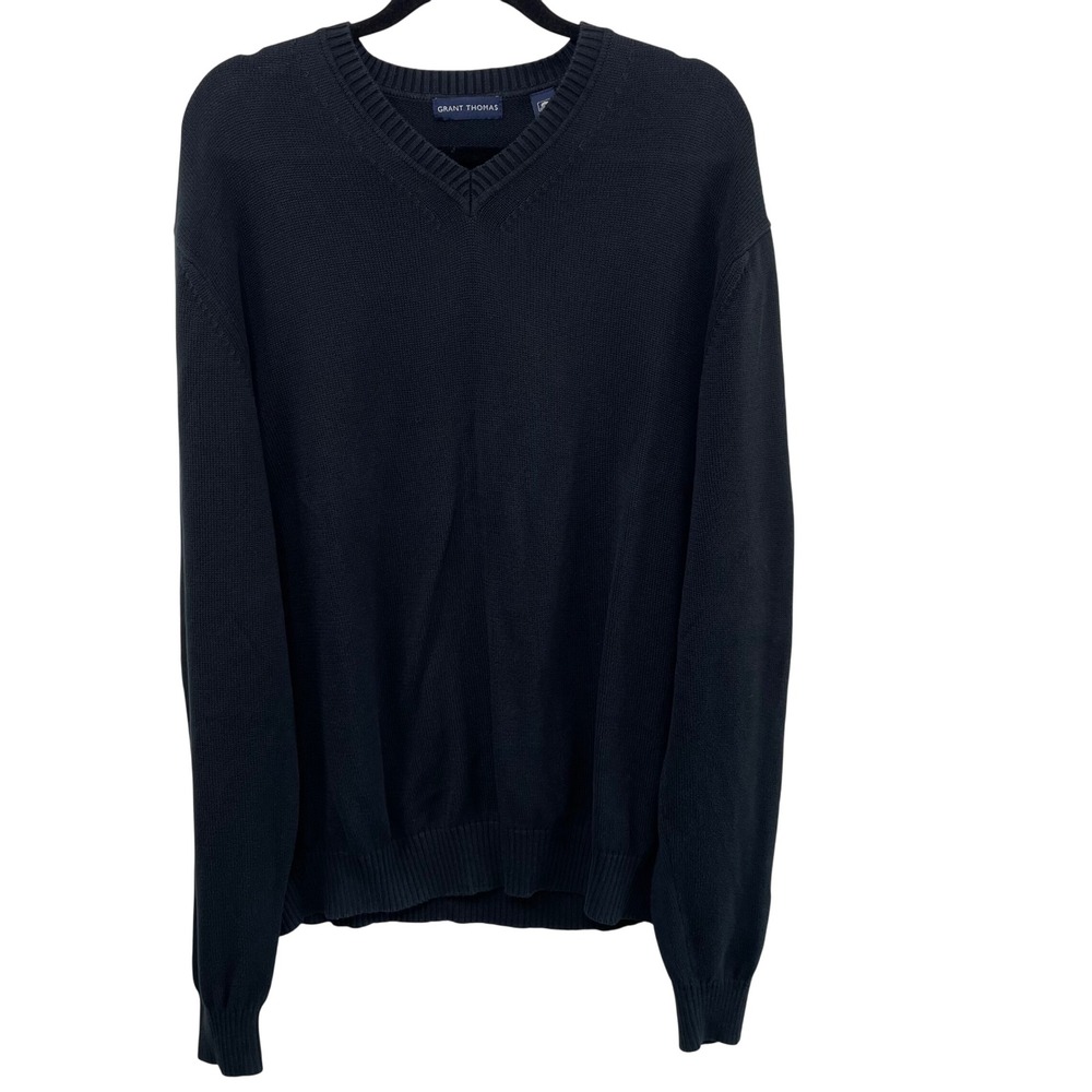 Vtg Grant Thomas Mens Black 100% Pima Cotton V-Neck Sweater XL Australia‎ Preppy